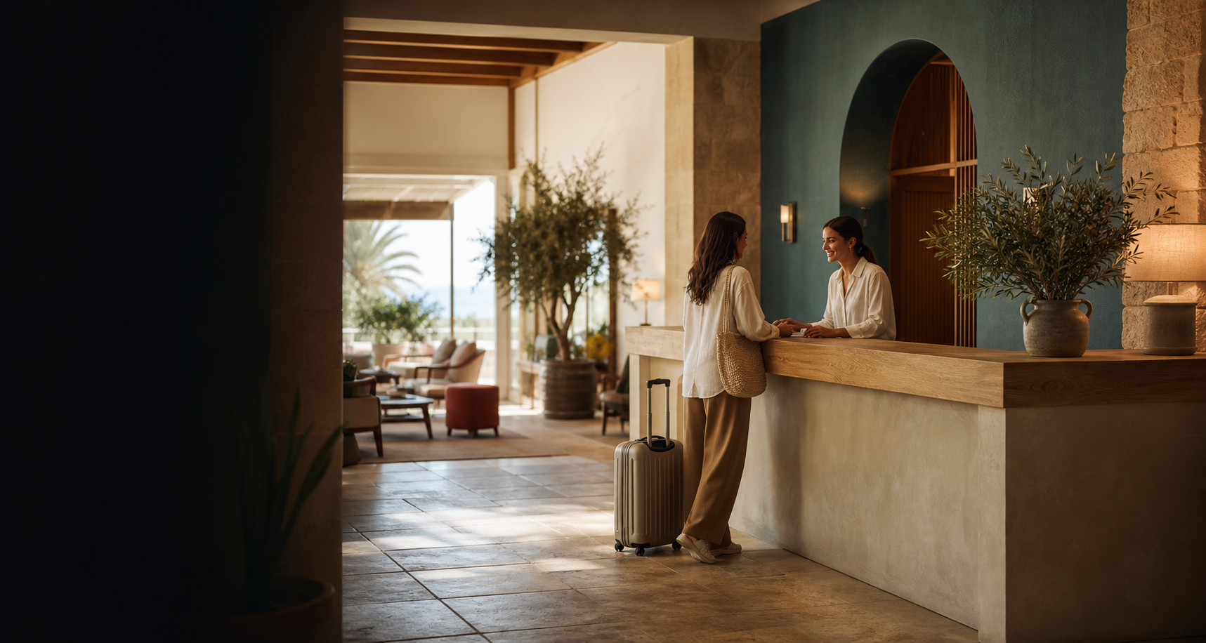 Recepción acogedora de un hotel independiente