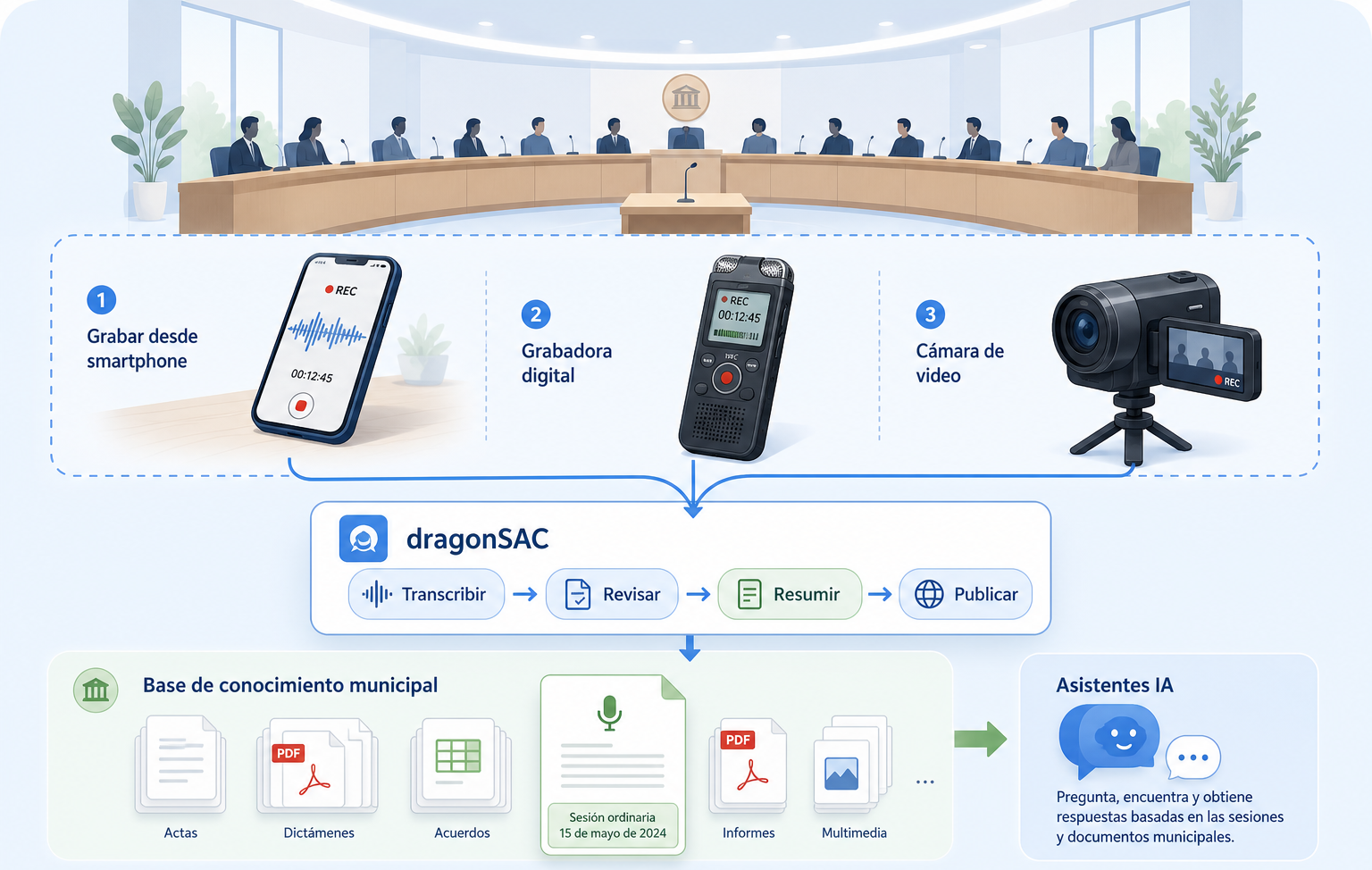 Diagrama de sesiones municipales: pleno, captura con móvil grabadora o cámara, procesamiento en dragonSAC (transcripción, revisión, resúmenes y publicación) e integración en la base de conocimiento consultable por asistentes IA.